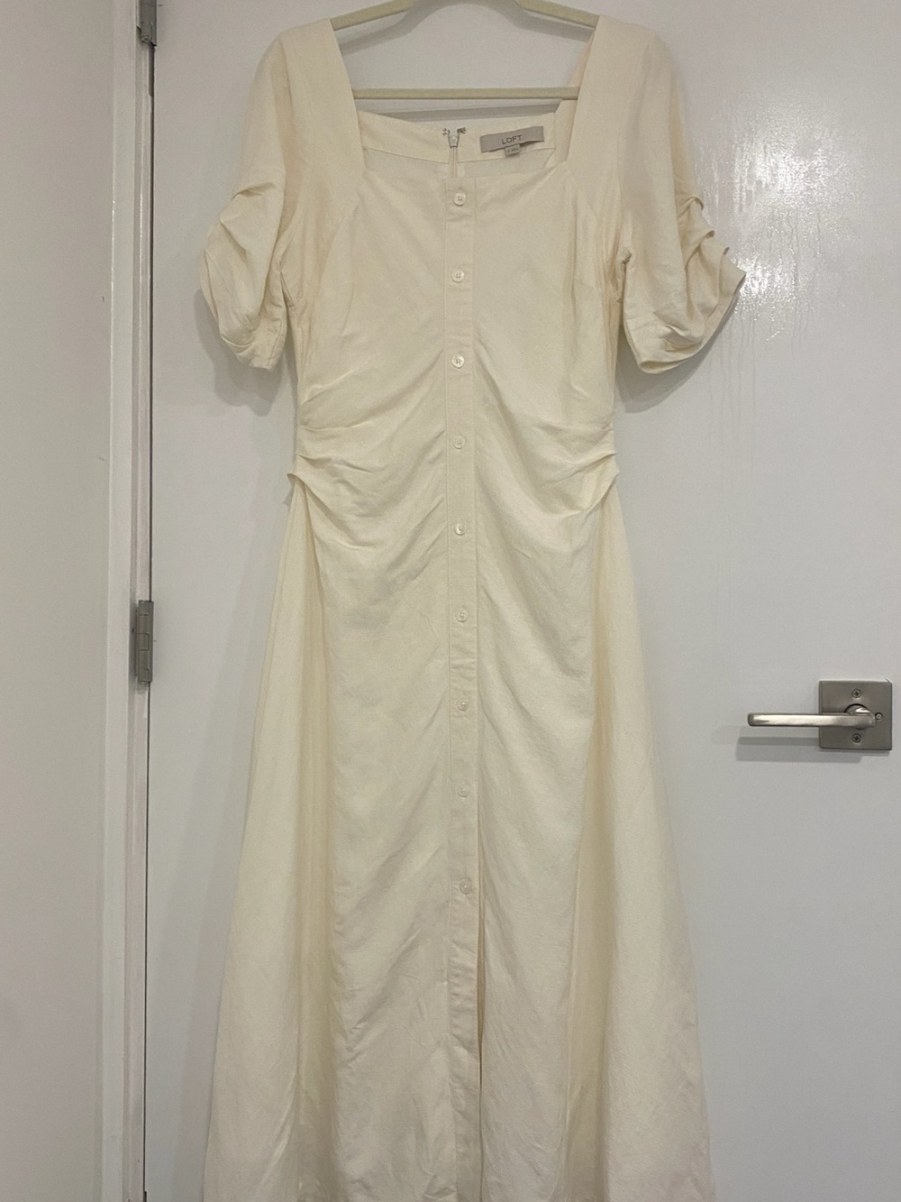 LOFT Cream Button-Front Linen-blend Dress
